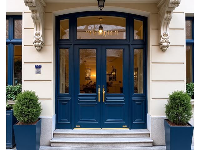 L'entrée élégante de l'école Arc-en-Ciel Lingua à Paris, avec une architecture haussmannienne typique et des jardinières fleuries.