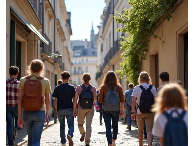 Groupe de personnes visitant Montmartre à Paris, avec le Sacré-Cœur en arrière-plan, sous un ciel bleu.